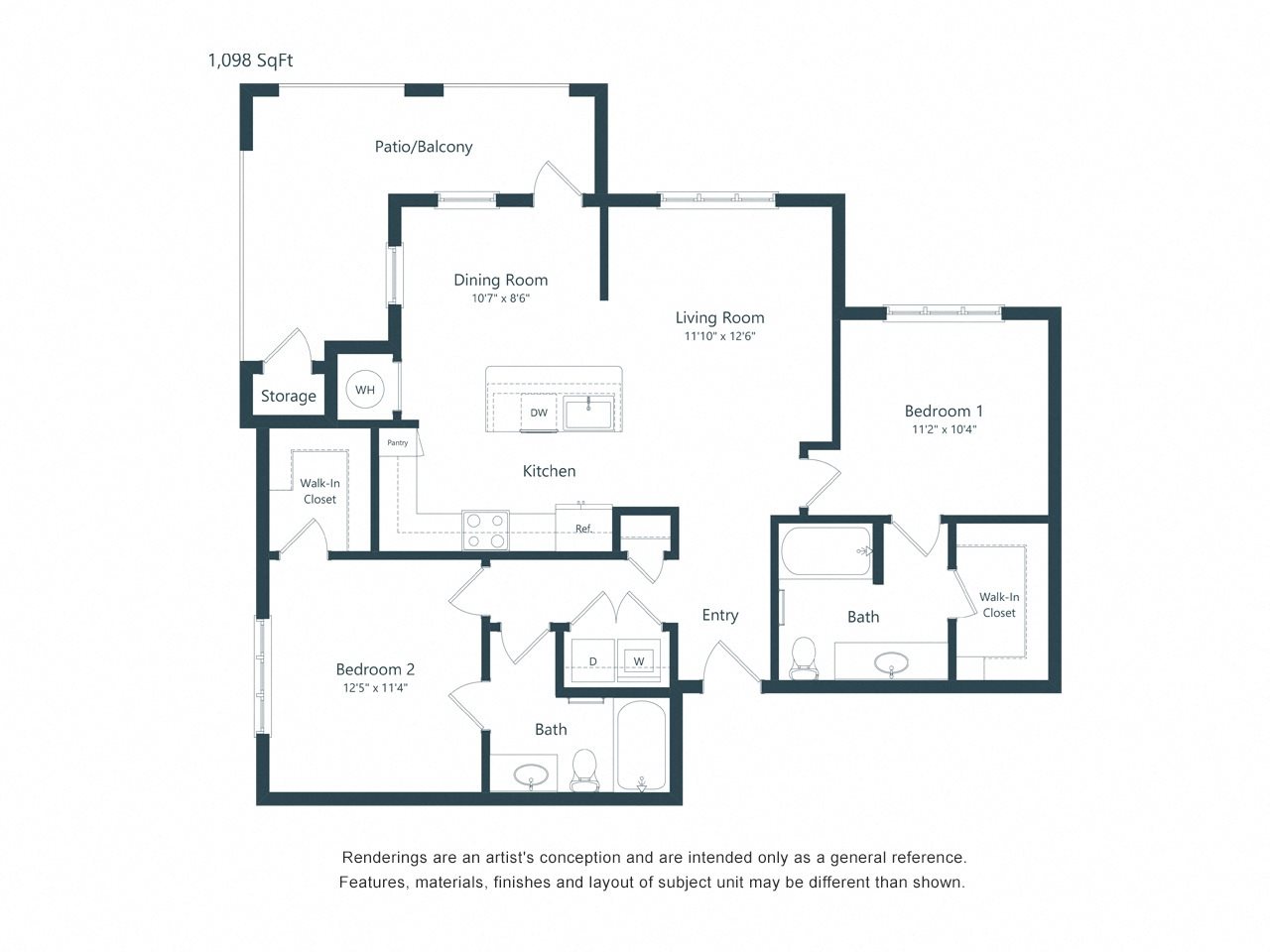 B2 Floor Plan 1098 square foot two bedroom two bath